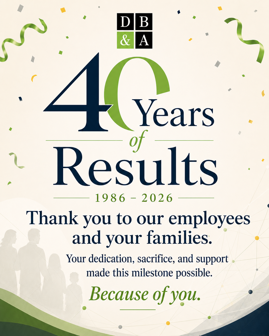 DB&A 40 Years of Results celebration graphic